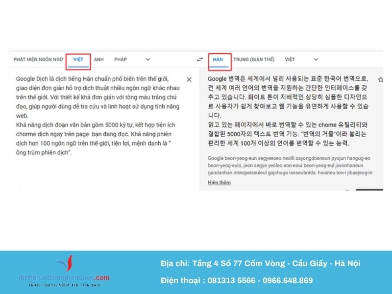 Google dịch tiếng việt sang tiếng Hàn Quốc